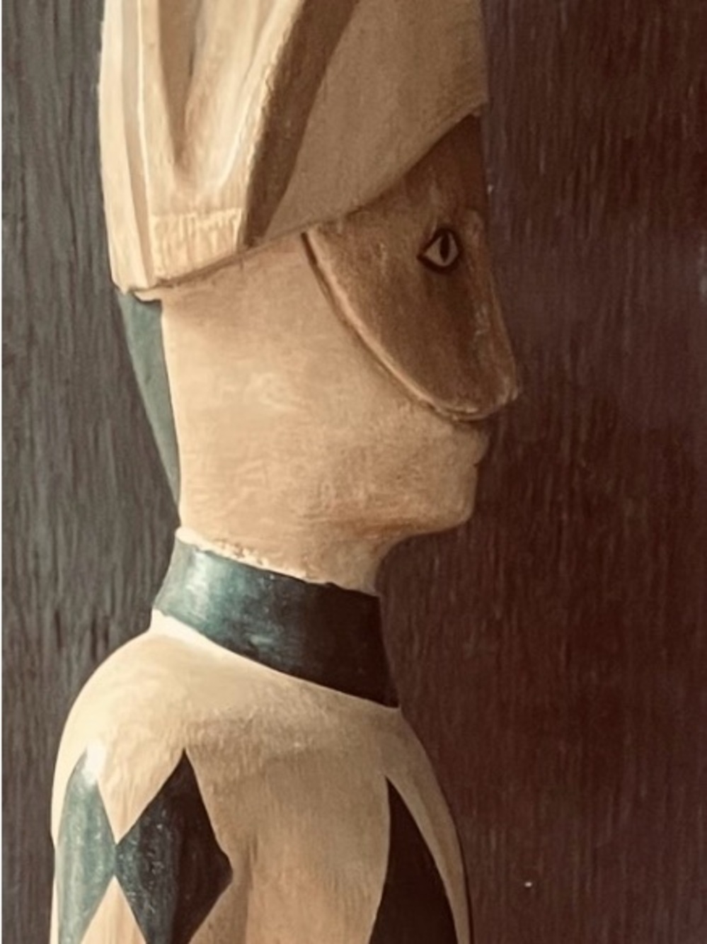 Vintage-Mid 20C-tall wood harlequin figure-wood-hand carved-Italian Jester